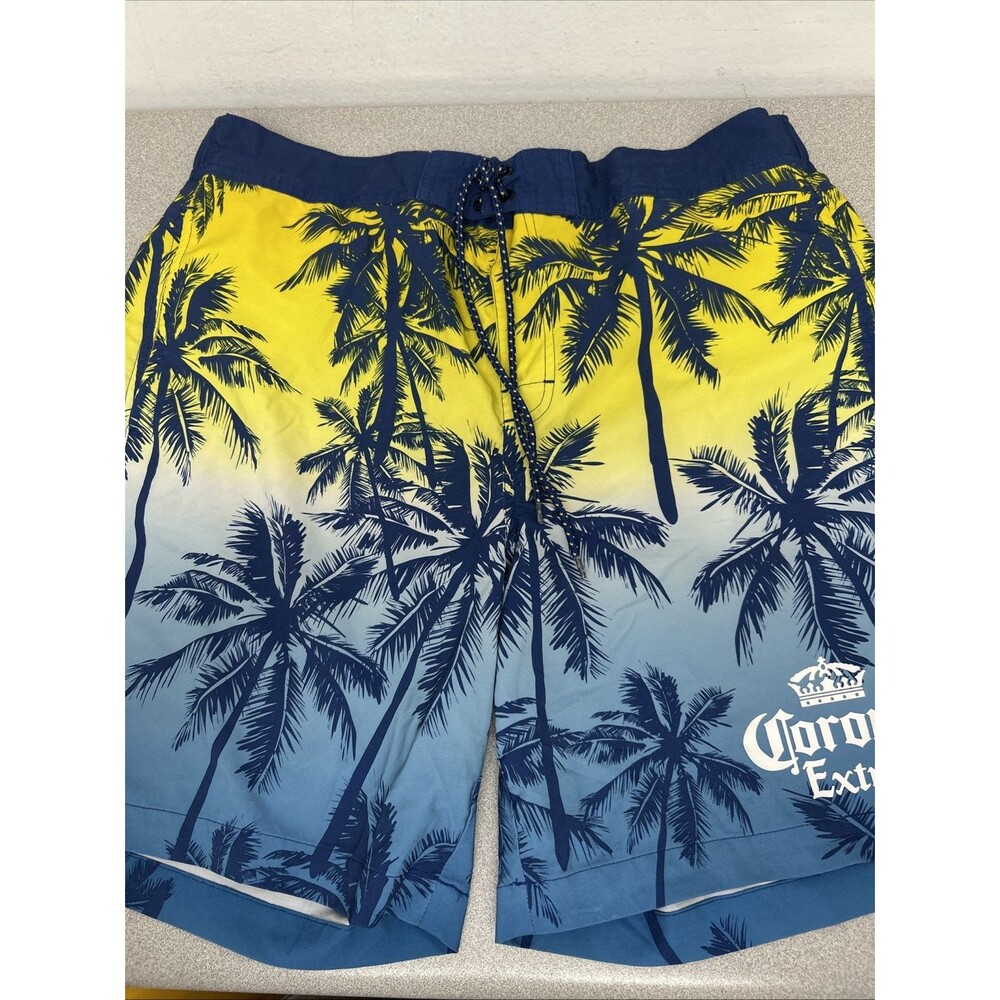 Corona Extra Men's Swim Trunks Shorts Palm Trees, Drawstring, Yellow, Blue XL